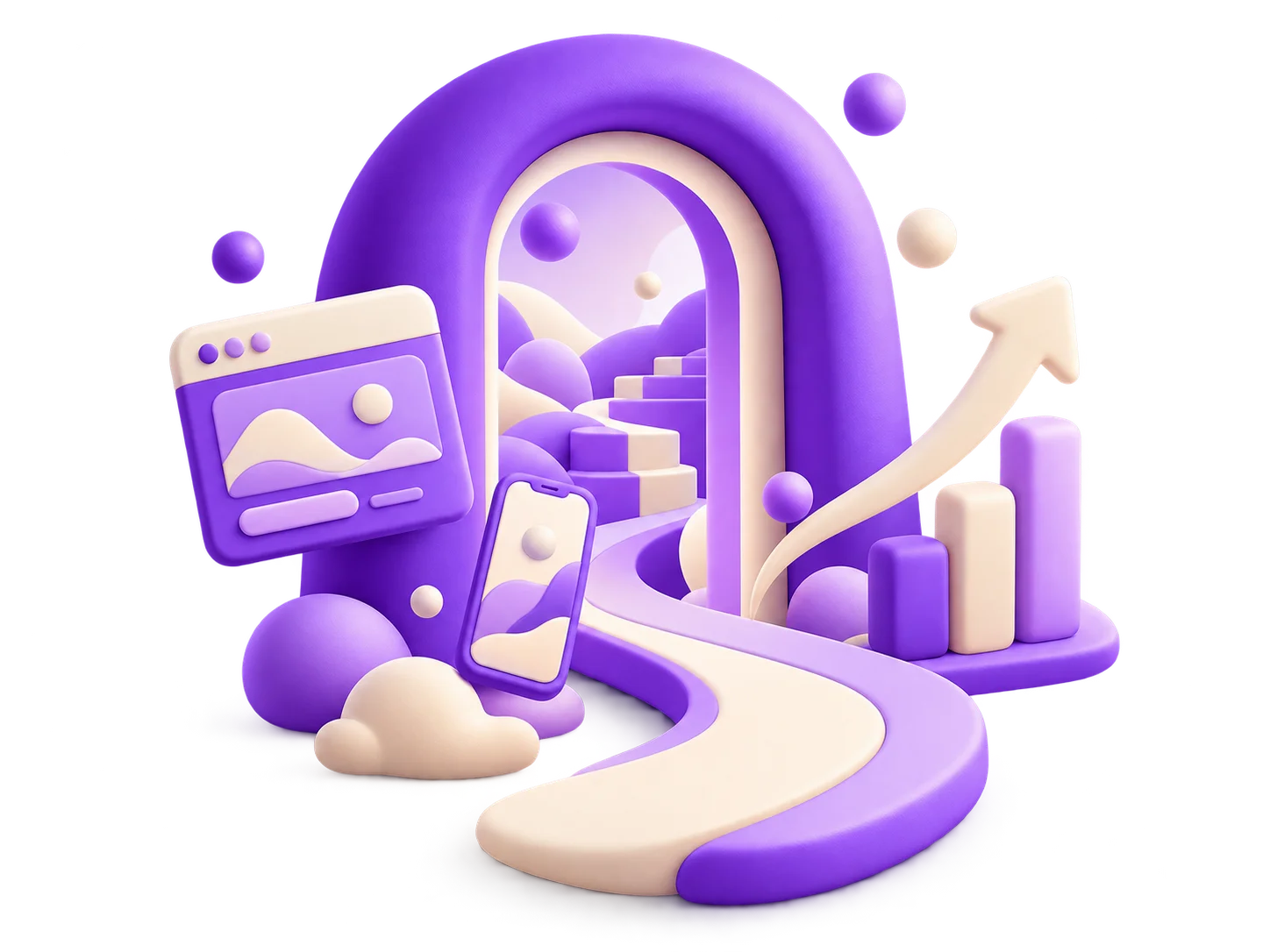 Ilustração de uma porta roxa com um caminho que leva a um gráfico de crescimento, representando a jornada digital da DOMUS